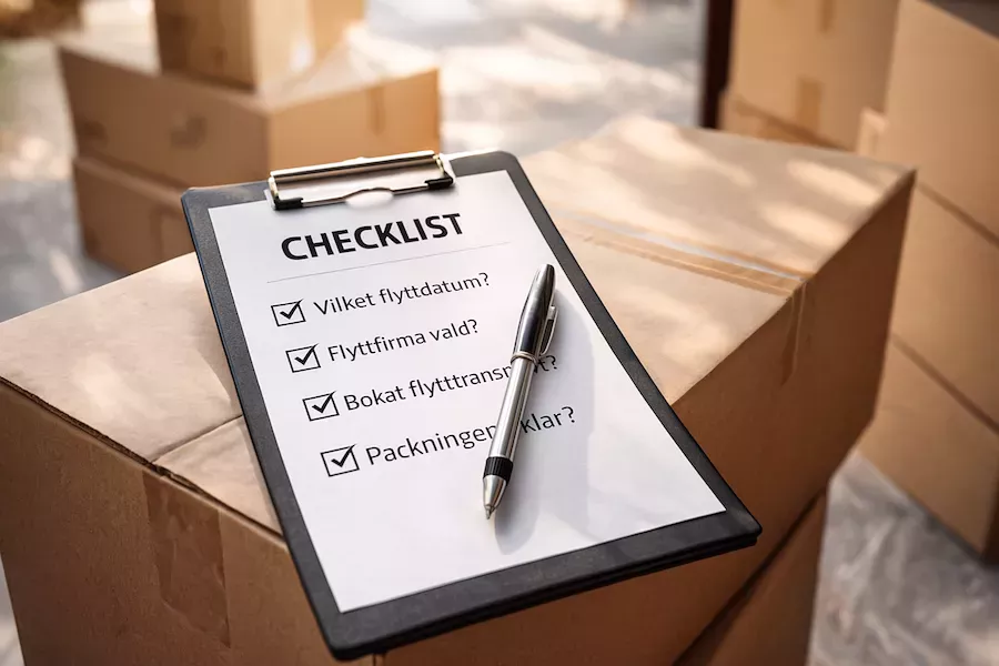 Penna och checklista med frågor bredvid flyttlådor